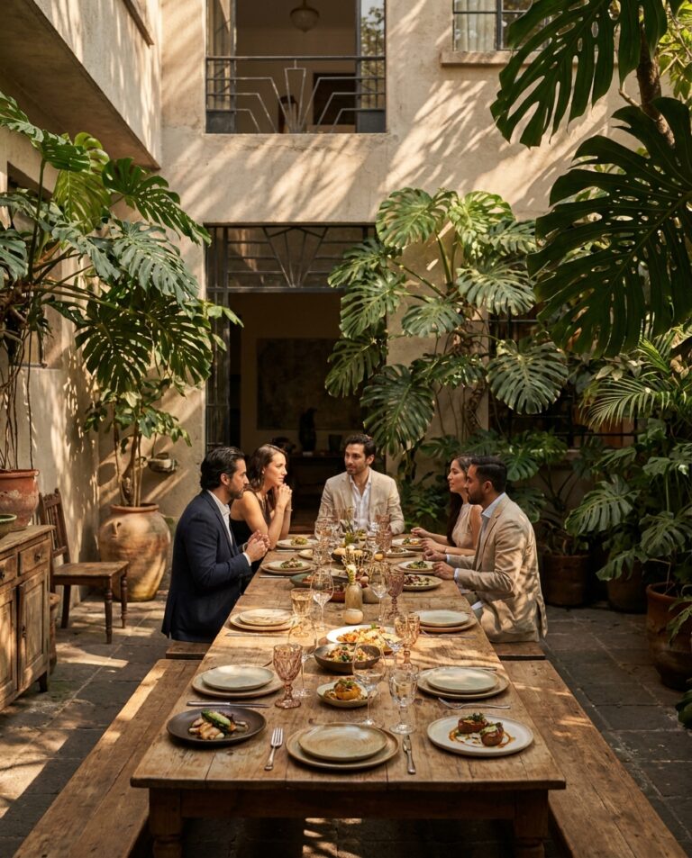 A group of guests shares a long dinner table in a lush courtyard, echoing the exclusive Condesa weekend dining experience.