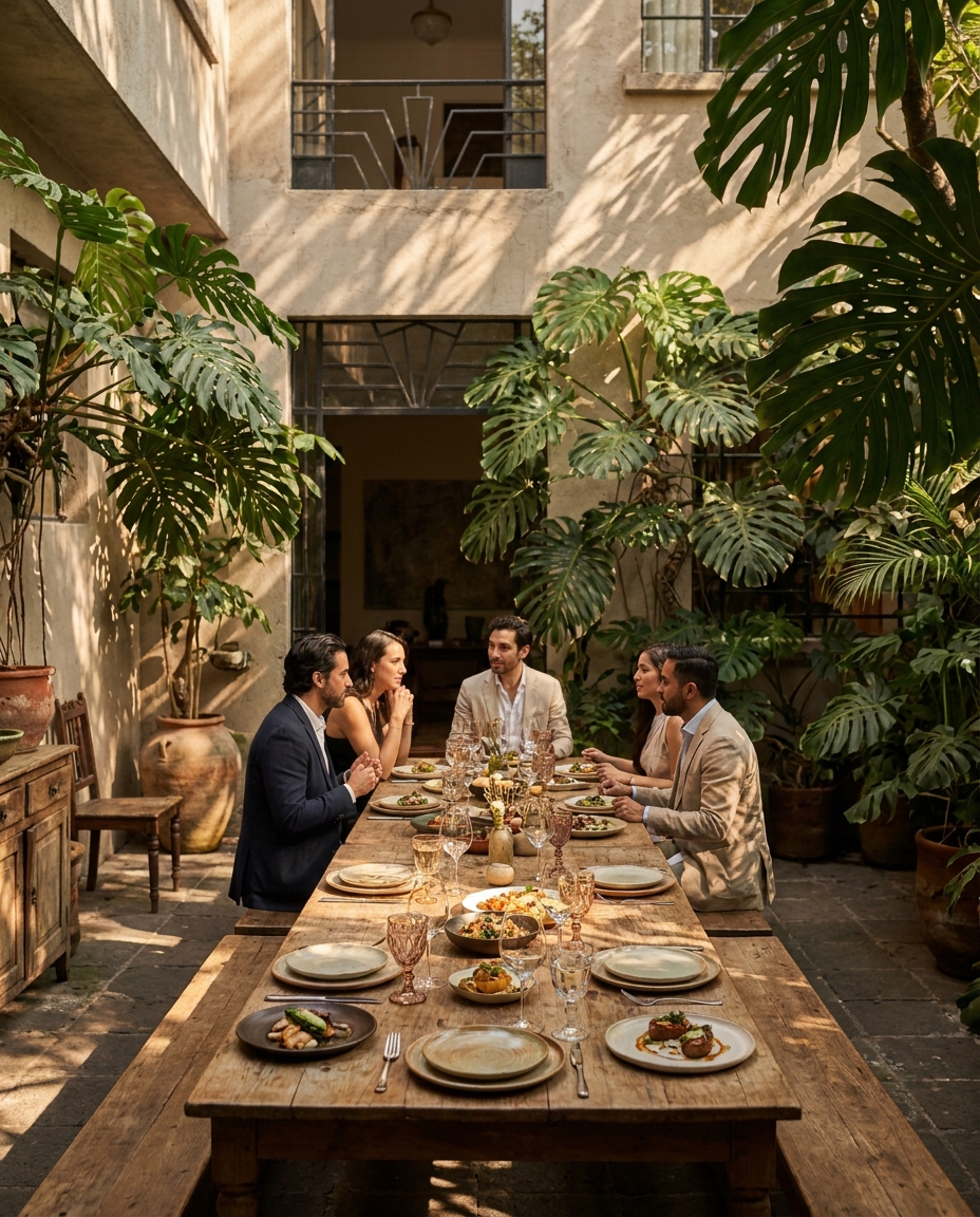 A group of guests shares a long dinner table in a lush courtyard, echoing the exclusive Condesa weekend dining experience.