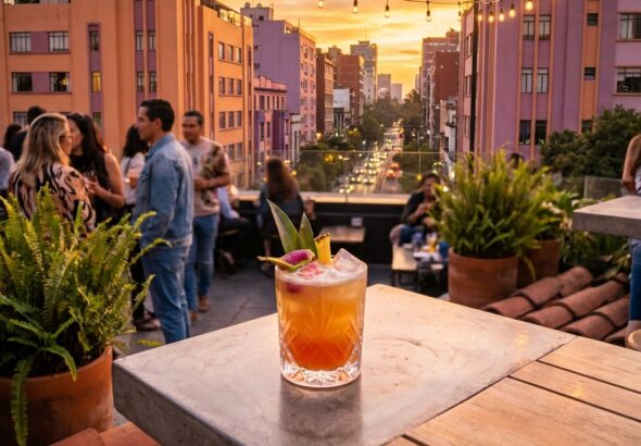 Guests enjoy cocktails on an exclusive Condesa rooftop overlooking tree-lined streets and pink buildings at sunset.