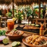 Fresh seafood tacos, ceviche, grilled fish and a michelada served at Mariscos Don Pancho in a tropical palapa setting