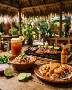 Fresh seafood tacos, ceviche, grilled fish and a michelada served at Mariscos Don Pancho in a tropical palapa setting