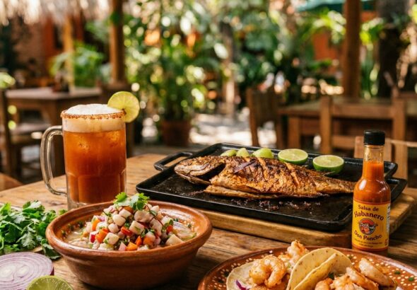 Fresh seafood tacos, ceviche, grilled fish and a michelada served at Mariscos Don Pancho in a tropical palapa setting