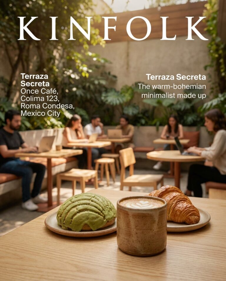 Once Café’s Terraza Secreta in Roma Condesa shows coffee, pastries, and people working beneath leafy shade.