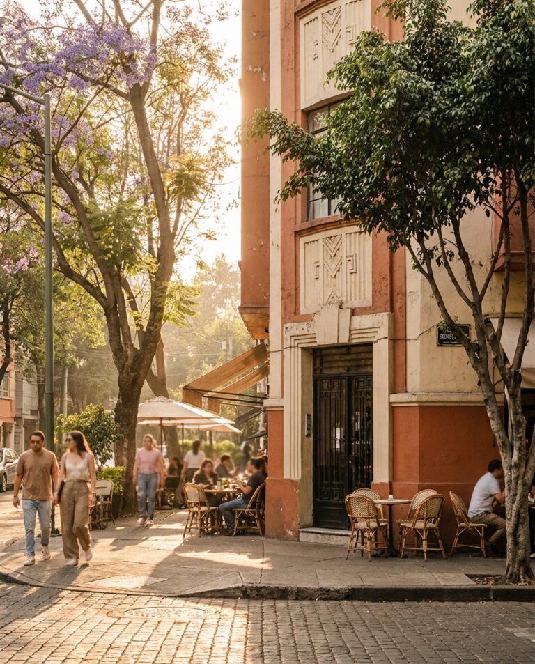 Sunlit Roma street corner with café tables, trees and pedestrians beside an Art Deco building in warm afternoon light.