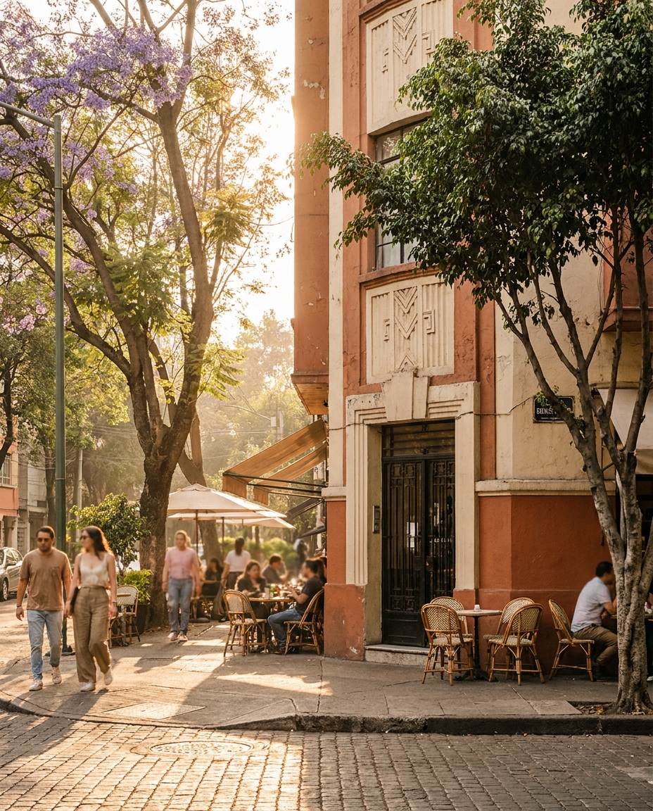 Sunlit Roma street corner with café tables, trees and pedestrians beside an Art Deco building in warm afternoon light.