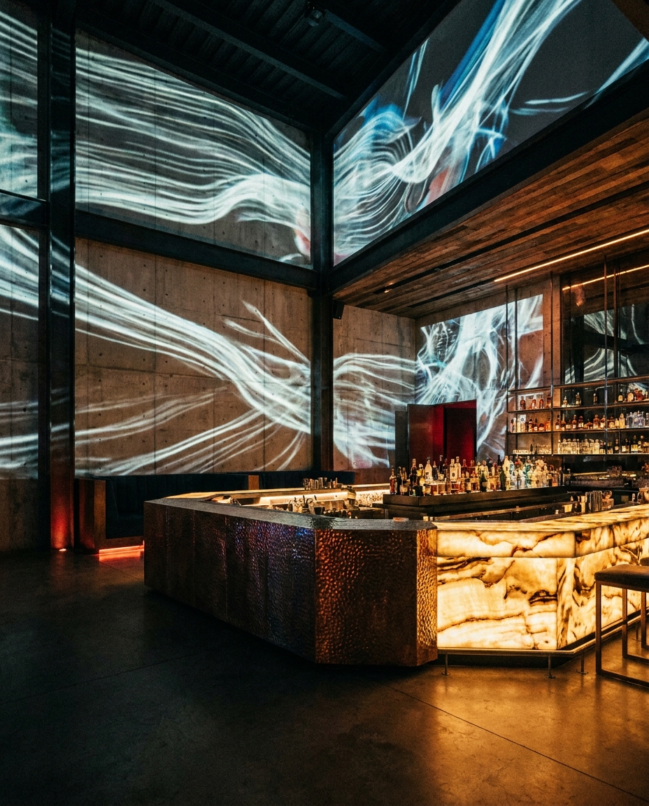 The Ark Club Roma in RomaCondesa shows a brutalist bar with fluid light projections, dark metal, and glowing marble.