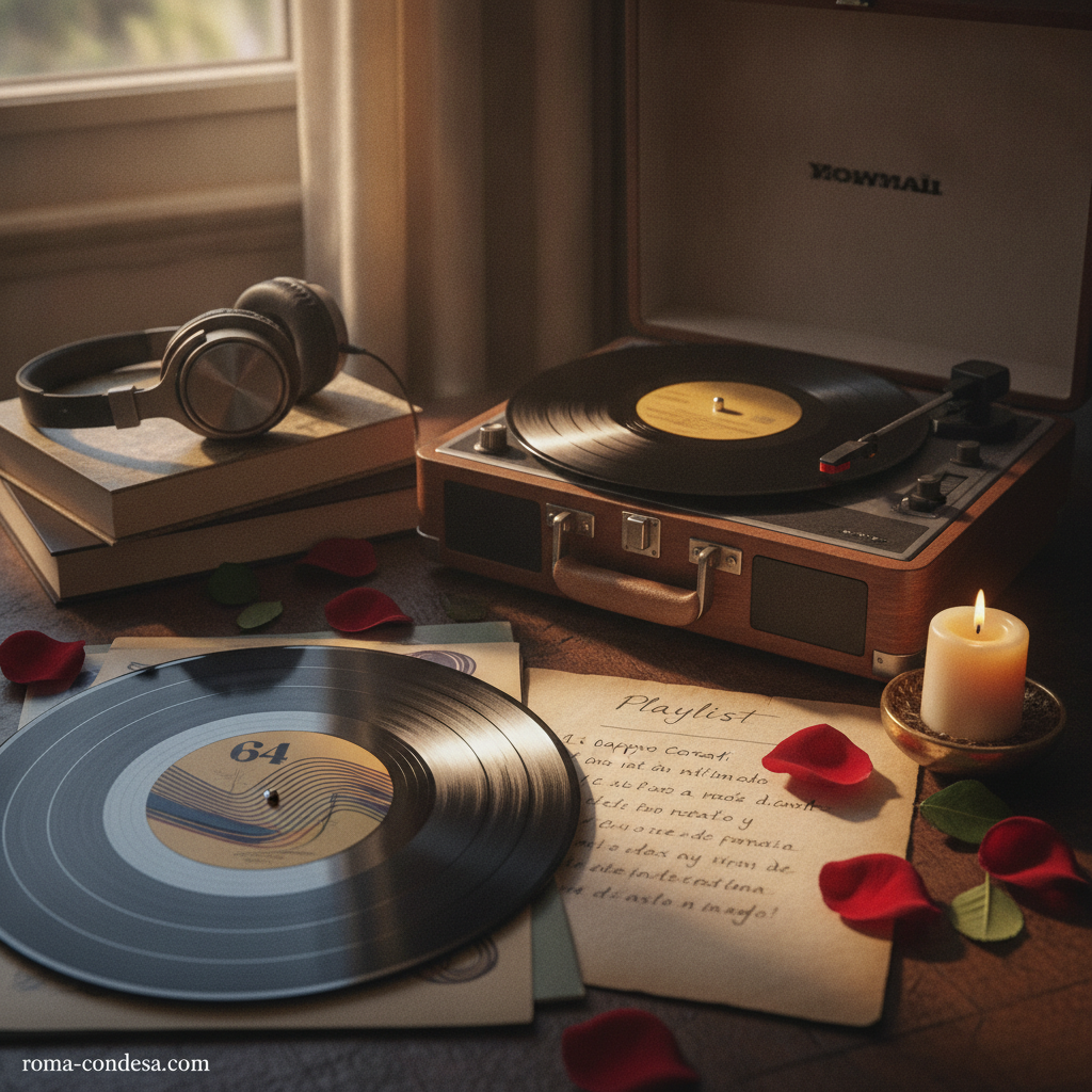 A vinyl playlist beside a turntable, headphones and candles evokes Gustavo Cerati's enduring legacy.