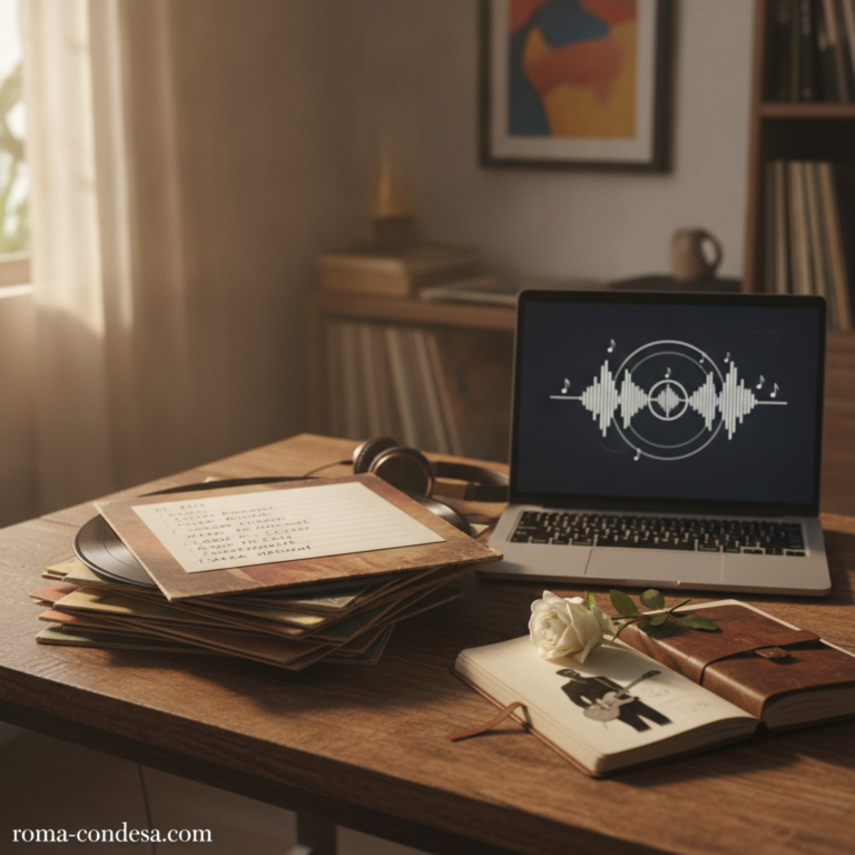 A laptop displays a sound waveform beside vinyl records, notebooks, headphones, and a white rose on a wooden desk.