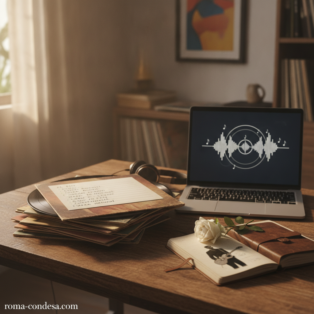 A laptop displays a sound waveform beside vinyl records, notebooks, headphones, and a white rose on a wooden desk.