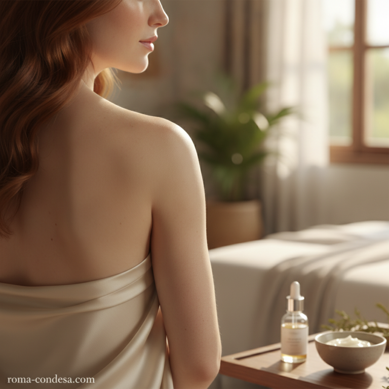 A woman with red hair sits by a sunlit window beside a serum bottle and cream, echoing El Manuscrito Viviente and skin care.
