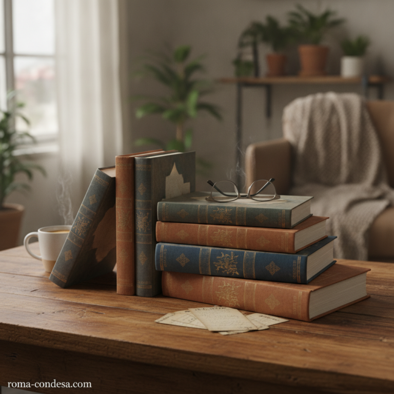 A stack of antique-style books with reading glasses on a wooden table evokes the curated reading list for 2026.