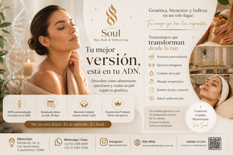 Soul Spa presents personalized beauty and wellness guided by DNA, with facial care, nutrition and training in Roma Norte.