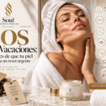 Woman in a spa towel beside skincare products, illustrating dullness, dryness, blemishes, fine lines, and skin sensitivity.