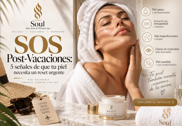 Woman in a spa towel beside skincare products, illustrating dullness, dryness, blemishes, fine lines, and skin sensitivity.