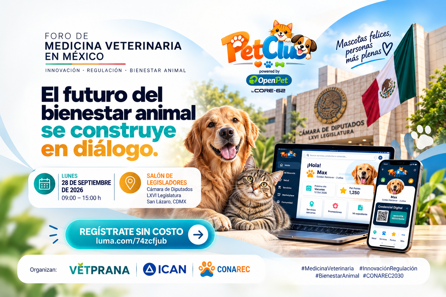 El cartel anuncia el Foro de Medicina Veterinaria en México, con PetClub y mascotas frente a la Cámara de Diputados.