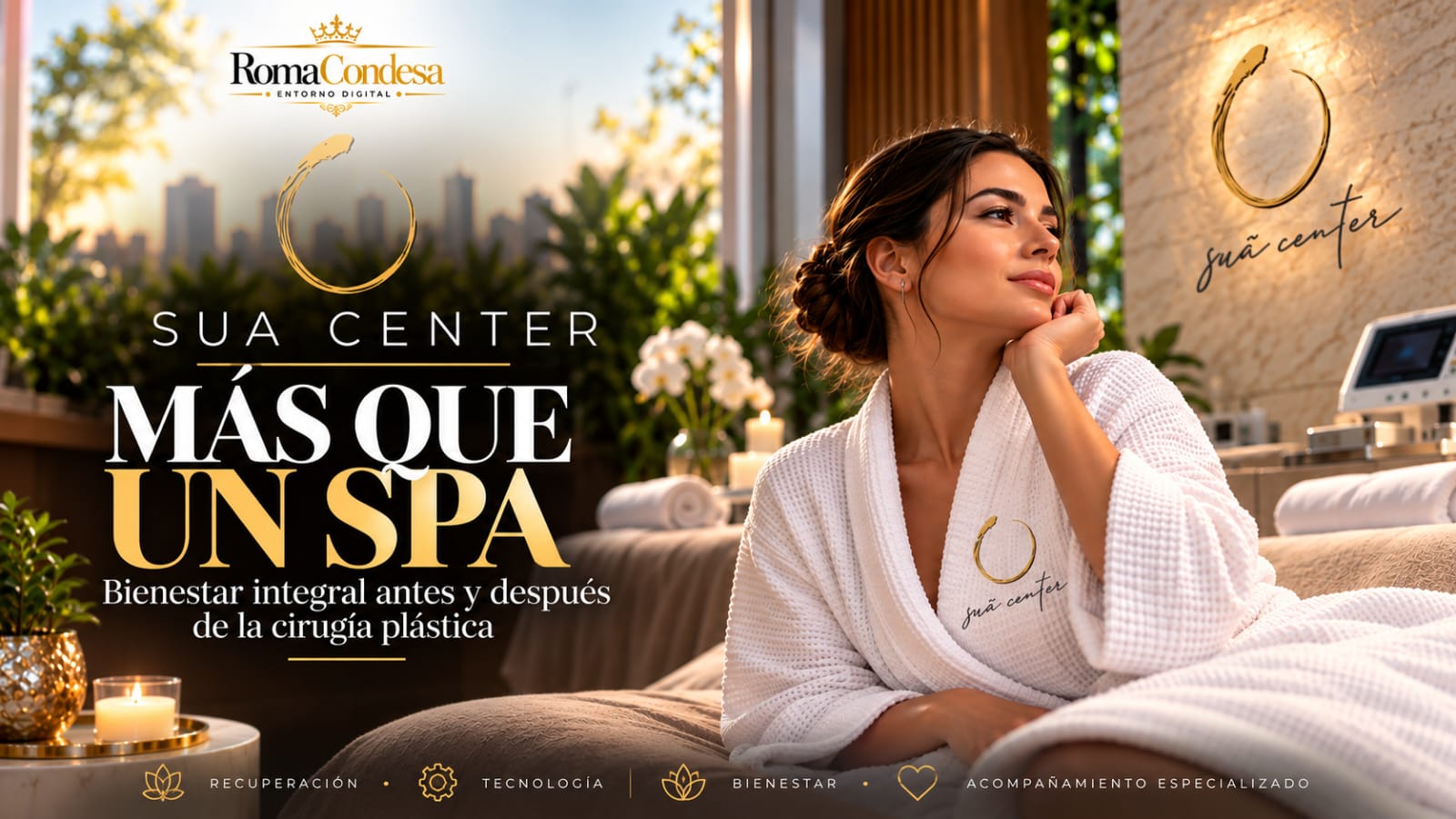 Una mujer con bata blanca descansa en SUA Center; el anuncio destaca bienestar integral antes y después de la cirugía plástica.