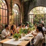Guests share dinner and conversation beneath arched windows in a lush Roma Condesa venue during an exclusive VIP event.