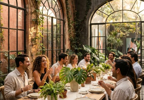 Guests share dinner and conversation beneath arched windows in a lush Roma Condesa venue during an exclusive VIP event.
