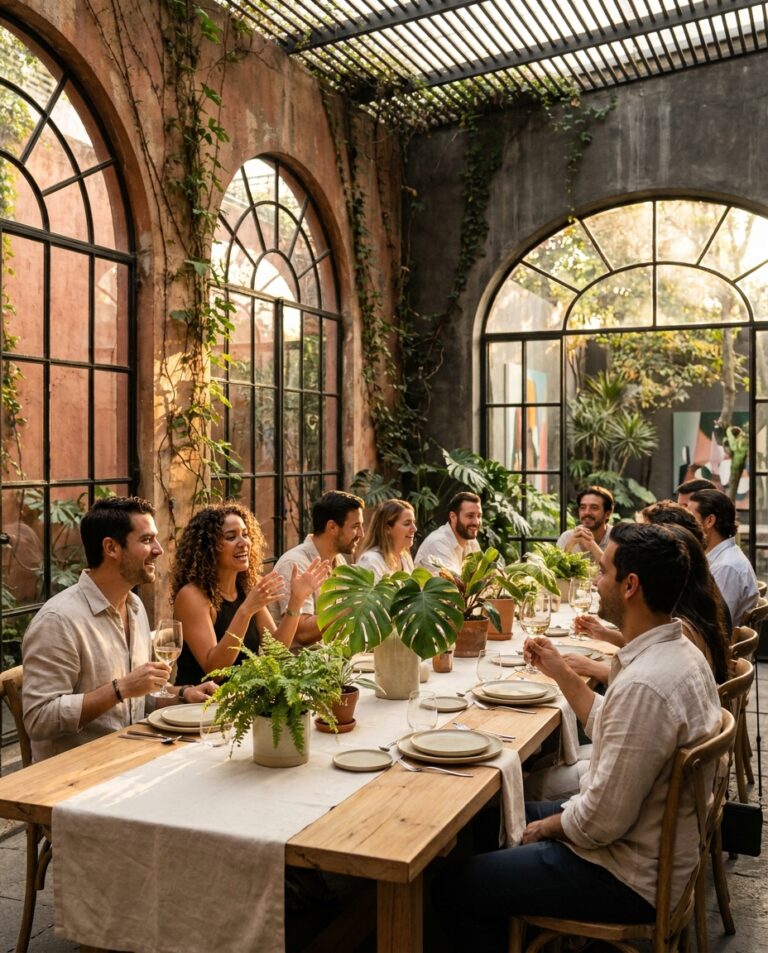 Guests share dinner and conversation beneath arched windows in a lush Roma Condesa venue during an exclusive VIP event.