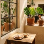 En la Condesa, café con leche y pan dulce reposan sobre una mesa de madera, junto a plantas tropicales y clientes.