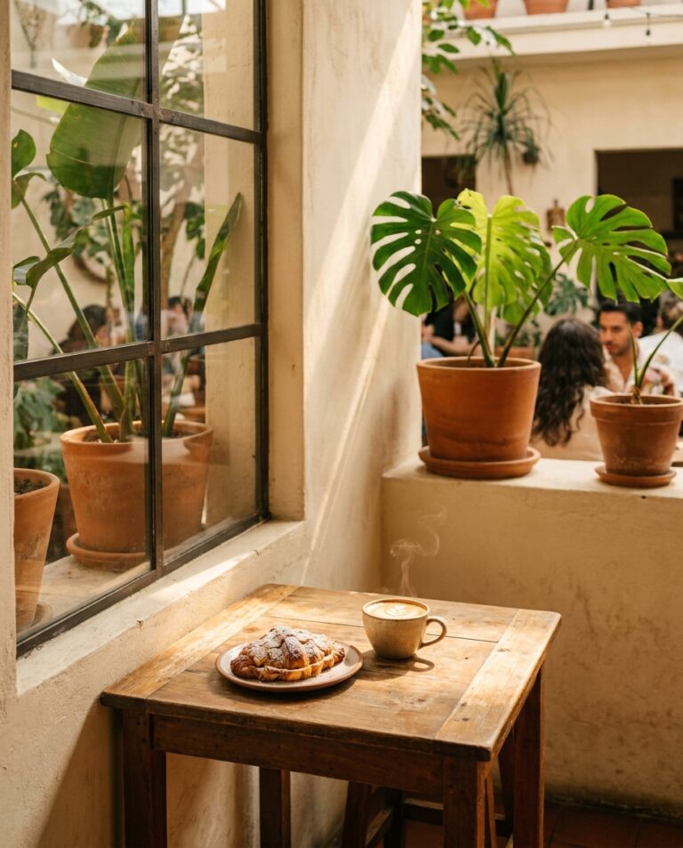 En la Condesa, café con leche y pan dulce reposan sobre una mesa de madera, junto a plantas tropicales y clientes.