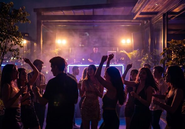 En The Ark Club Roma, un grupo baila mientras un DJ mezcla música electrónica bajo luces violetas y cálidas de verano.