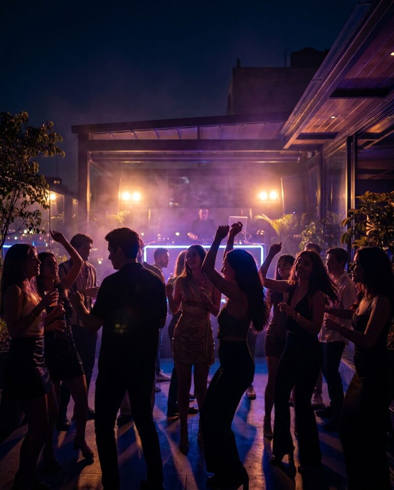 En The Ark Club Roma, un grupo baila mientras un DJ mezcla música electrónica bajo luces violetas y cálidas de verano.