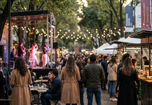 A lively Mexico City weekend market offers gourmet food stalls, live music, and cultural events beneath illuminated trees.