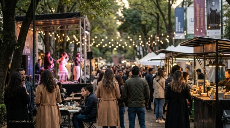 A lively Mexico City weekend market offers gourmet food stalls, live music, and cultural events beneath illuminated trees.