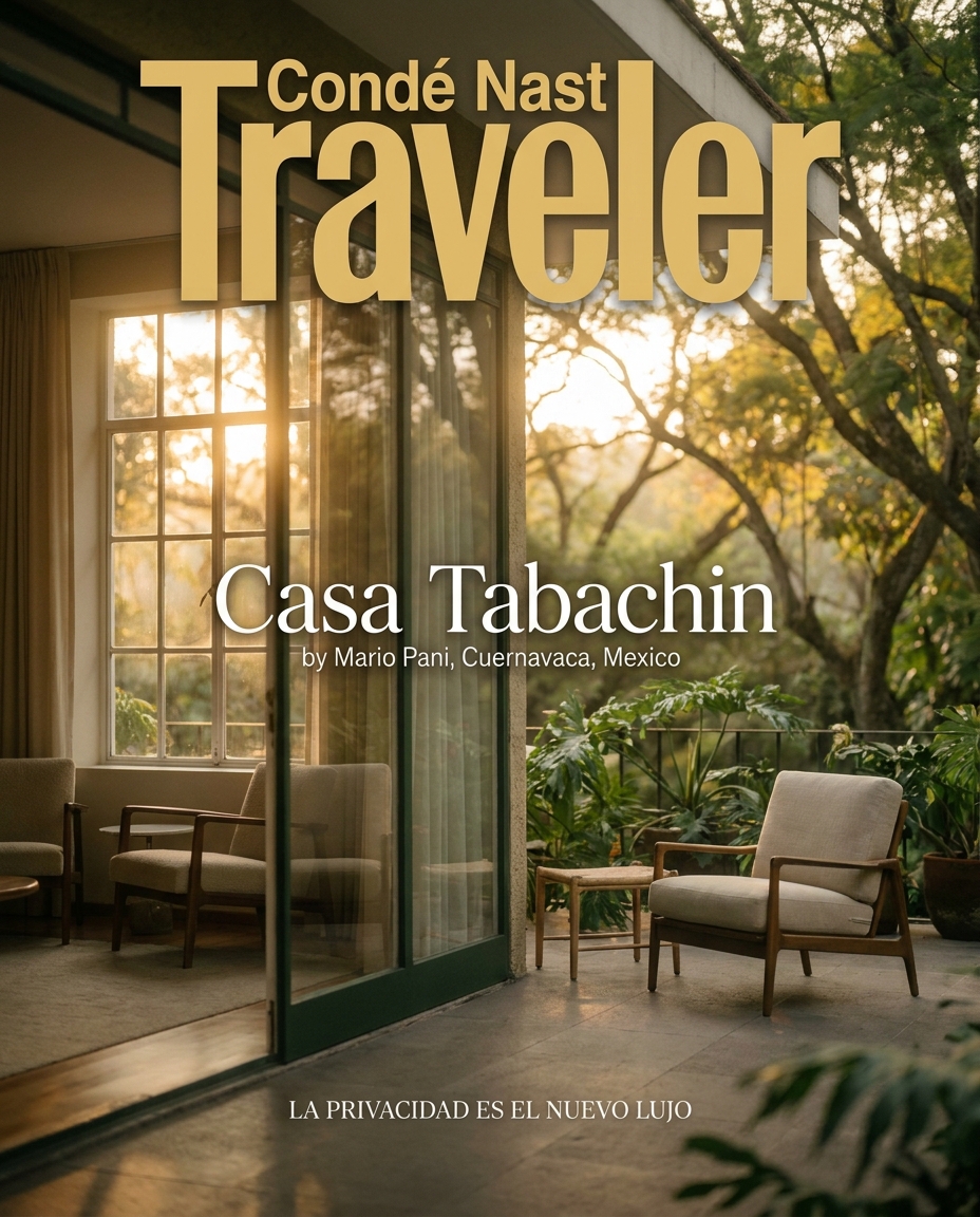 Open living area at Casa Tabachin by Mario Pani in Cuernavaca, with armchairs, glass doors, and leafy garden views.