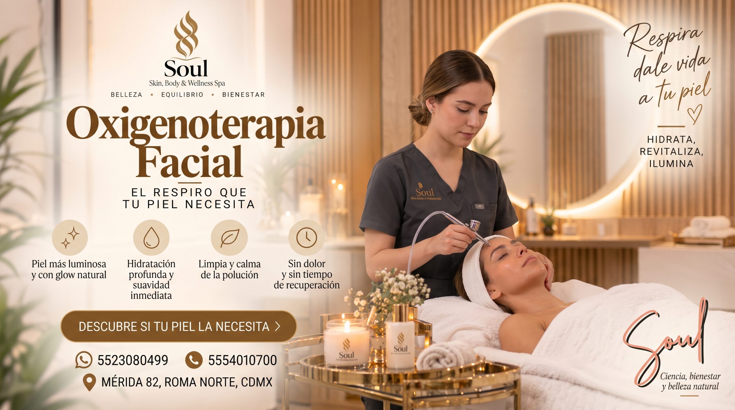 Una especialista aplica oxigenoterapia facial con un dispositivo mientras una clienta descansa, para hidratar y revitalizar su piel.