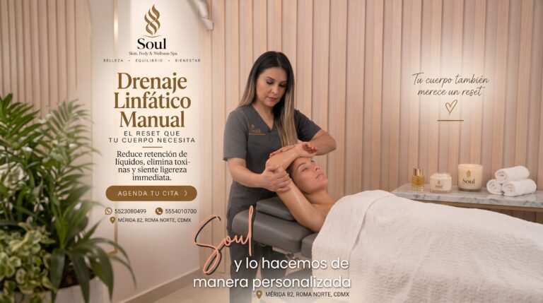Una terapeuta de Soul realiza drenaje linfático manual en el brazo de una clienta recostada en una camilla de tratamiento.