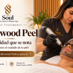 Una terapeuta aplica un láser sobre la mascarilla de carbón de una paciente durante un Hollywood Peel para aportar luminosidad.