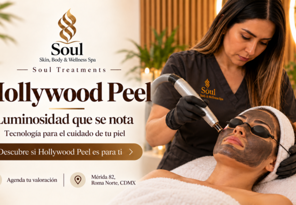 Una terapeuta aplica un láser sobre la mascarilla de carbón de una paciente durante un Hollywood Peel para aportar luminosidad.