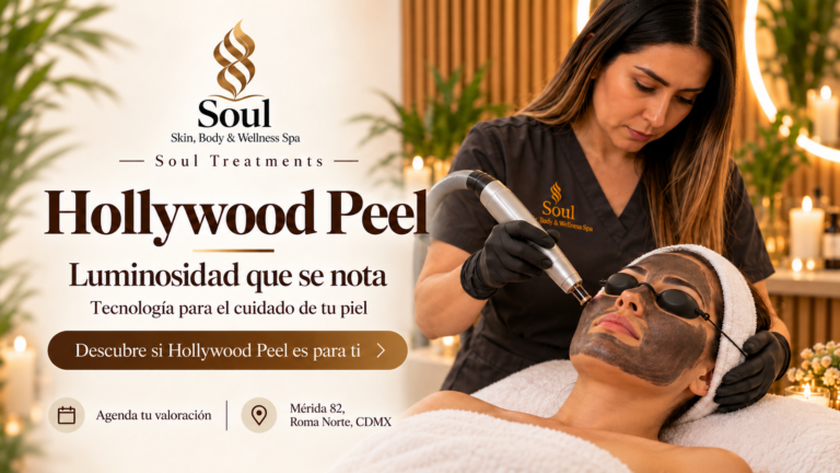 Una terapeuta aplica un láser sobre la mascarilla de carbón de una paciente durante un Hollywood Peel para aportar luminosidad.