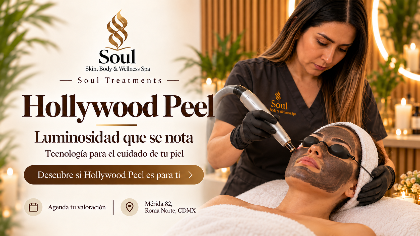 Una terapeuta aplica un láser sobre la mascarilla de carbón de una paciente durante un Hollywood Peel para aportar luminosidad.