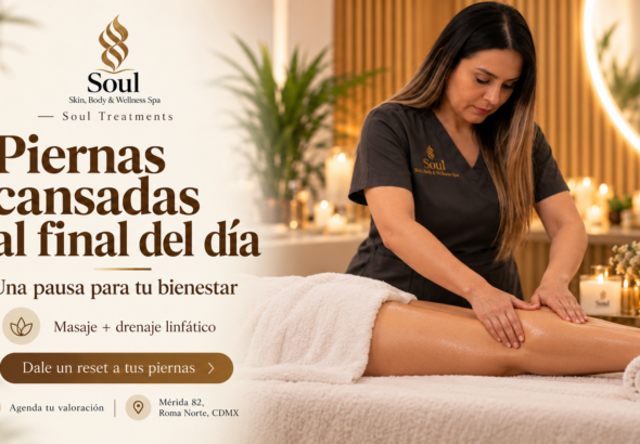 Una terapeuta masajea las piernas de una persona recostada; el anuncio aborda las piernas cansadas al final del día.