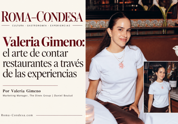 Valeria Gimeno posa sentada en un restaurante; el titular presenta su arte de contar restaurantes a través de experiencias.