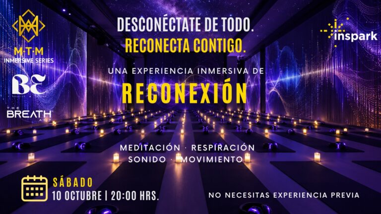 Filas de colchonetas en un salón inmersivo acompañan el mensaje «Desconéctate de todo. Reconecta contigo» y sus prácticas de bienestar.