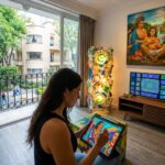 Una artista crea ilustraciones digitales en una tableta dentro de un estudio de la Condesa, entre obras contemporáneas y pantallas.