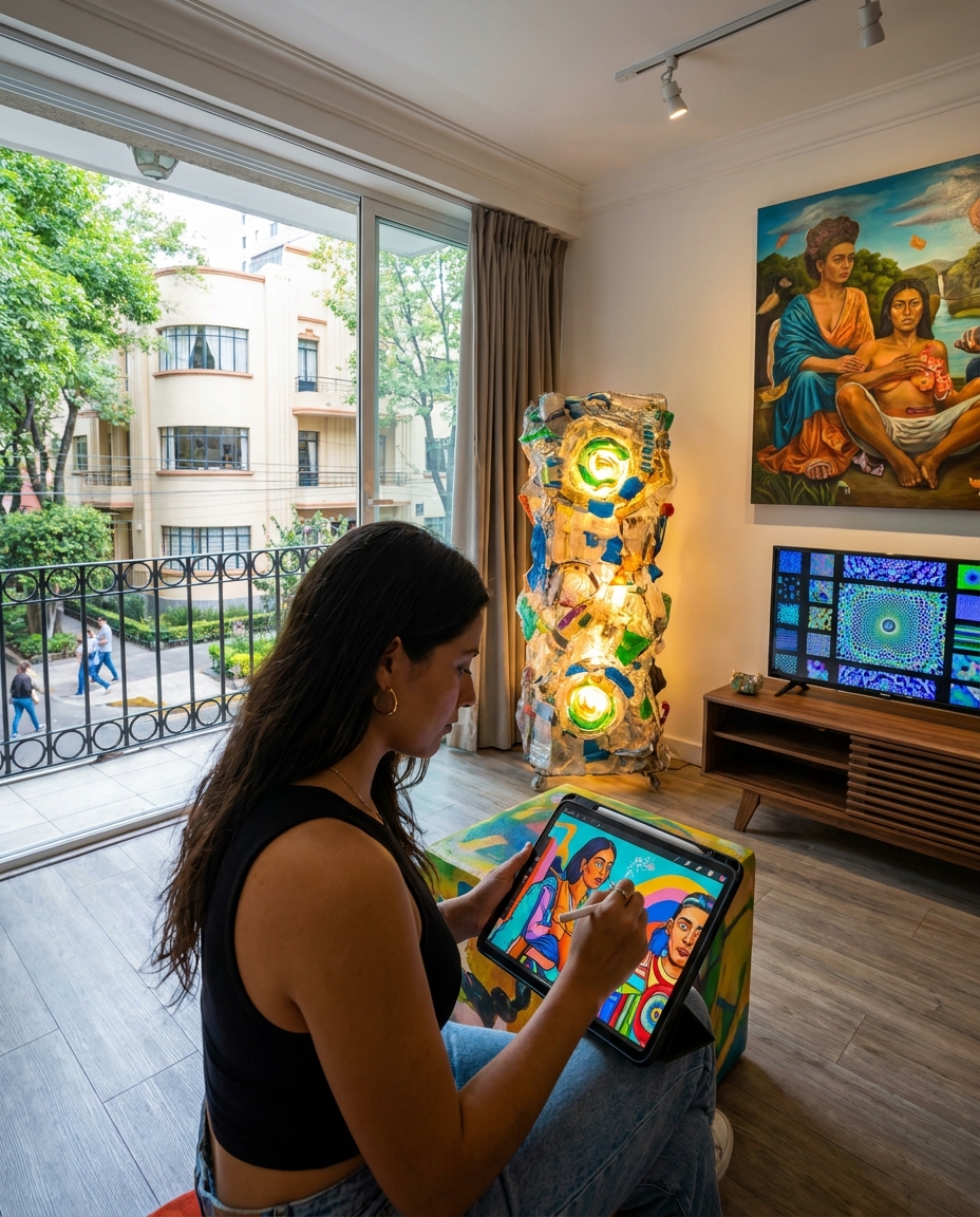 Una artista crea ilustraciones digitales en una tableta dentro de un estudio de la Condesa, entre obras contemporáneas y pantallas.