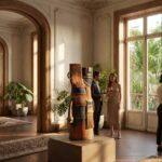 Una escultura de fibras ocres y azules se alza en una casona histórica de la Roma, mientras visitantes conversan junto a altos ventanales.
