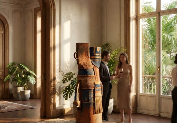 Una escultura de fibras ocres y azules se alza en una casona histórica de la Roma, mientras visitantes conversan junto a altos ventanales.
