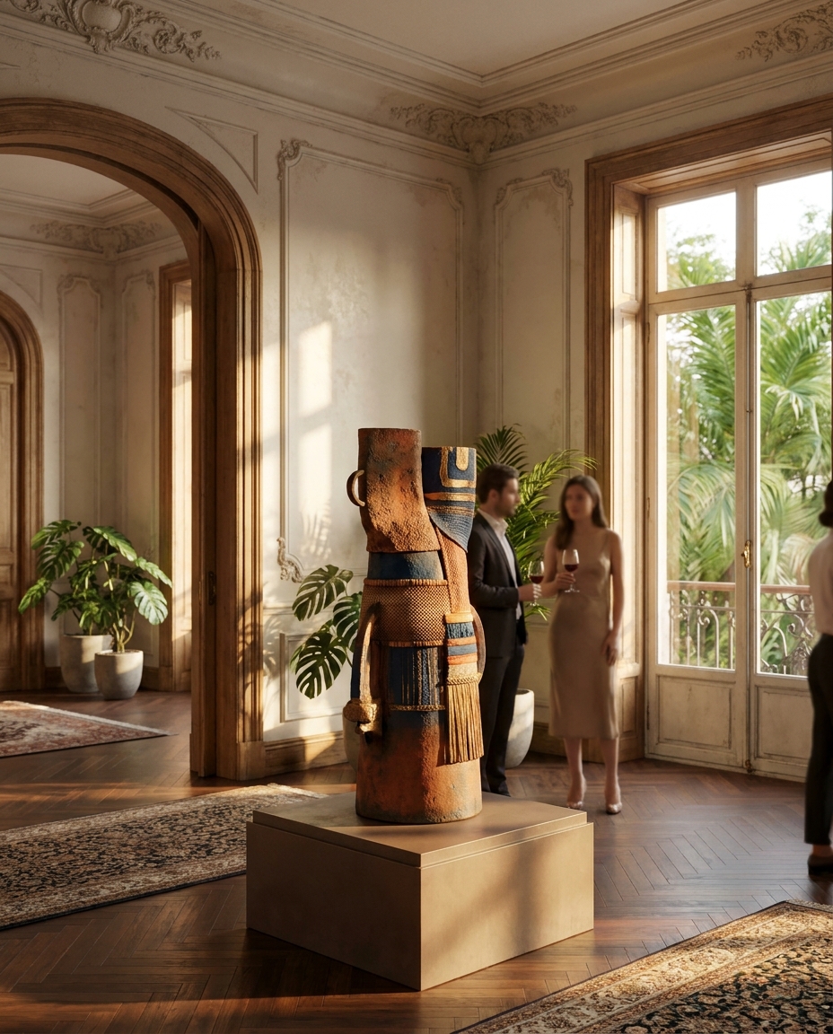 Una escultura de fibras ocres y azules se alza en una casona histórica de la Roma, mientras visitantes conversan junto a altos ventanales.