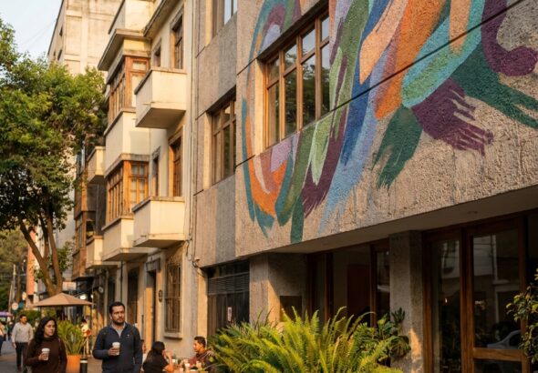 Un mural abstracto de arte urbano cubre la fachada de un edificio en una calle de la Condesa, junto a peatones y un café.
