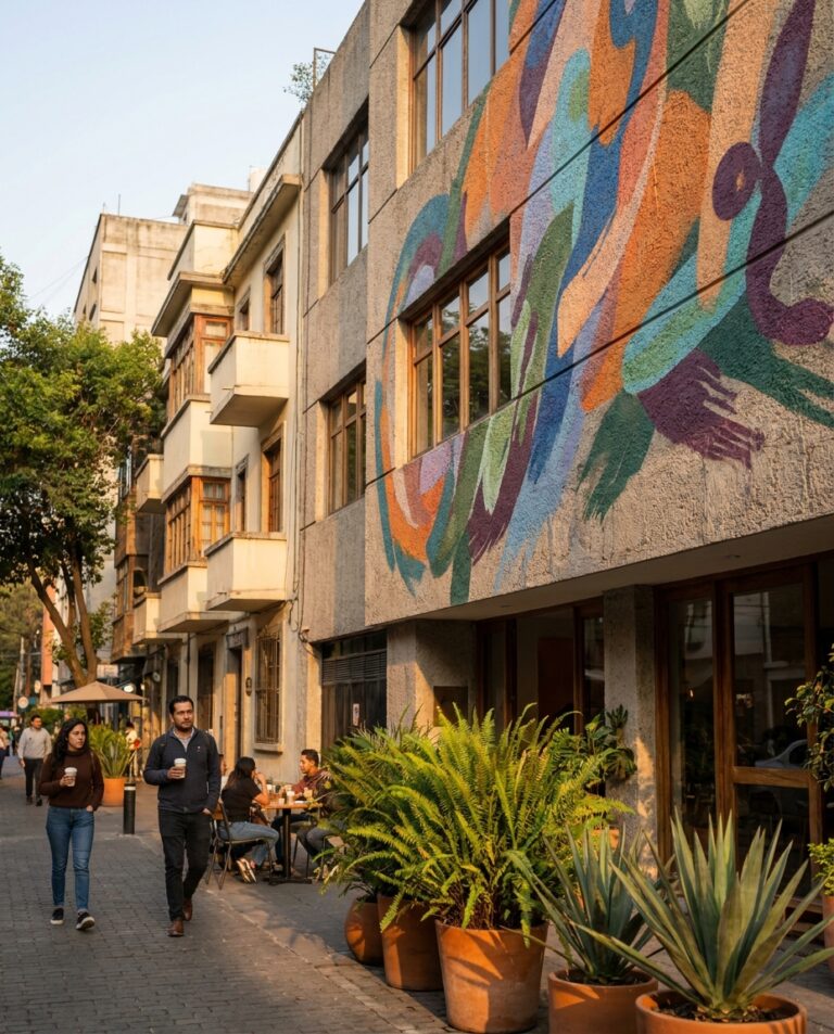 Un mural abstracto de arte urbano cubre la fachada de un edificio en una calle de la Condesa, junto a peatones y un café.