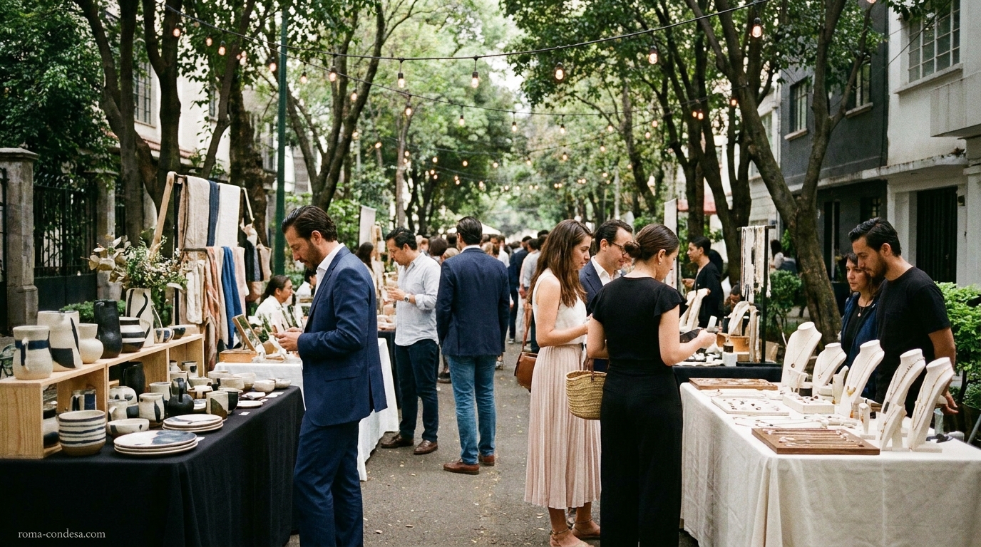Visitantes recorren un bazar de diseño al aire libre con puestos de cerámica, joyería y piezas artesanales en la Roma-Condesa.