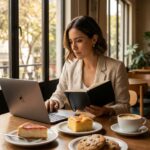 Una mujer lee un cuaderno y trabaja en su laptop junto a café y repostería artesanal en Once Café, entre ideas y proyectos.