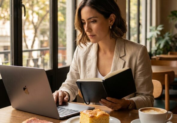 Una mujer lee un cuaderno y trabaja en su laptop junto a café y repostería artesanal en Once Café, entre ideas y proyectos.
