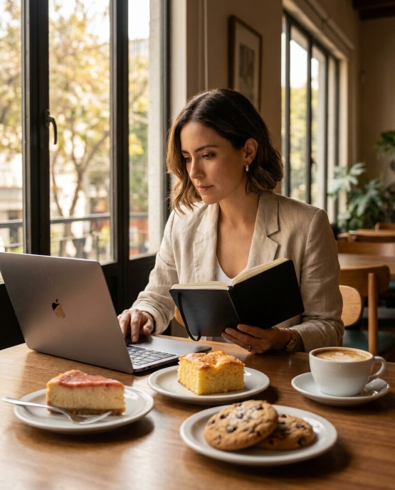 Una mujer lee un cuaderno y trabaja en su laptop junto a café y repostería artesanal en Once Café, entre ideas y proyectos.